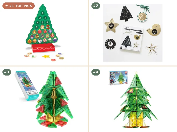 Melissa & Doug Countdown to Christmas Wooden Magnetic Tree, Wee Gallery Festive Fun Lacing Ornaments, PicassoTiles 60pc Nano Magnetic Christmas Tree Set, PicassoTiles 105pc Magnetic Christmas Tree Set