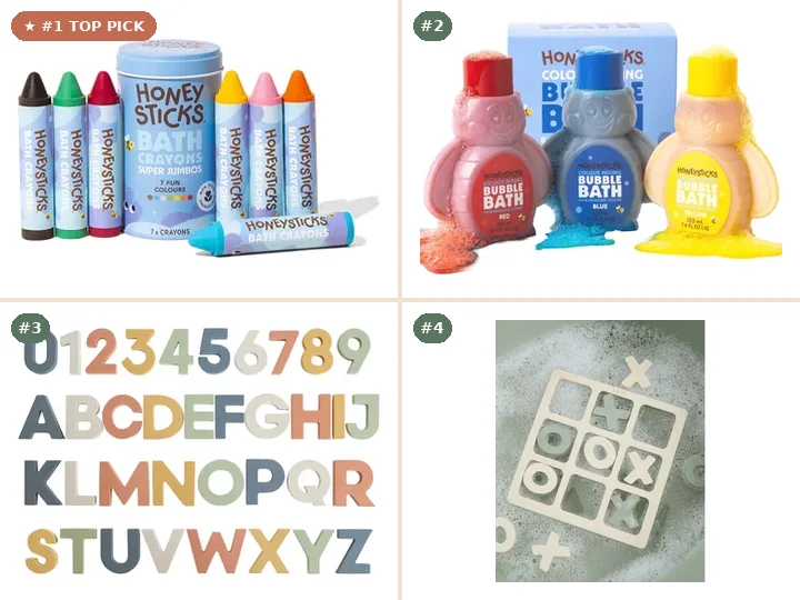 Honeysticks Bath Crayons Super Jumbos, Honeysticks Bubble Bath Color Mixing 3-Pack, Mushie Letters & Numbers Bath Play Set, Lalo Bathtime Tic-Tac-Toe