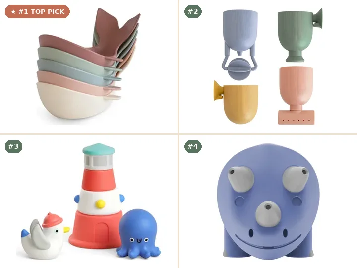 Mushie Whale Bath Stackers, Mushie Pour and Play Bath Set, Itzy Ritzy Itzy Stack & Squirt, Dr. Brown's CleanUp Pour & Roar Watering Can Bath Toy