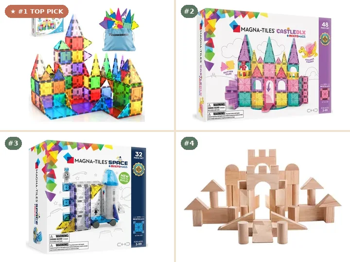 PicassoTiles 100-Piece Magnetic Tile Set, Magna-Tiles Castle DLX 48-Piece Set, Magna-Tiles Space 32-Piece Set, PlanToys 50 Unit Blocks