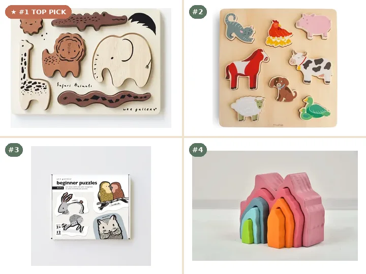 Wee Gallery Wooden Tray Puzzle - Safari Animals, Mushie Wooden Farm Puzzle, Wee Gallery Beginner Puzzles - Pets, Avenlur Wooden Mountain Rainbow Stacker