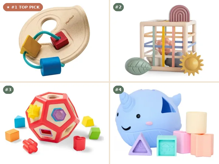 PlanToys First Shape Sorter, Mushie Elastic Shape Sorter, Melissa & Doug Geometric Shape Sorter, Jellystone Designs Narwhal Shape Sorter