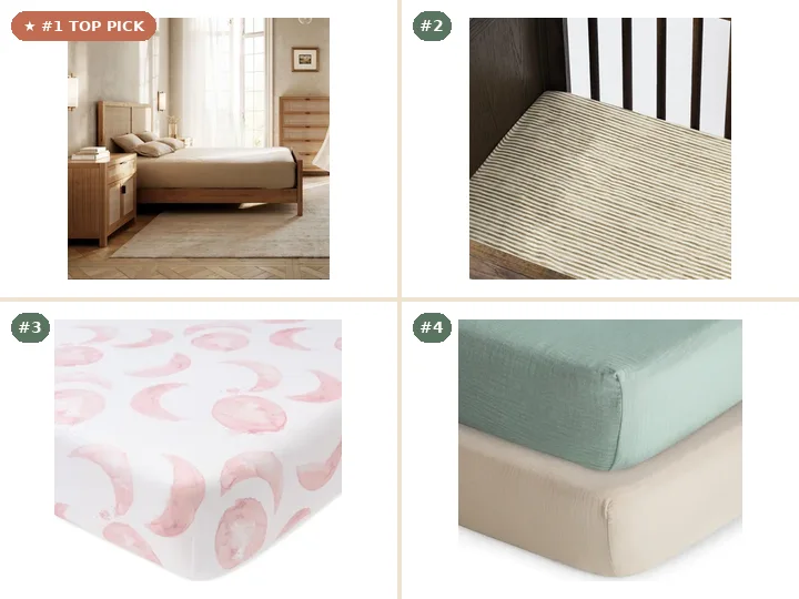 Naturepedic GOTS Organic Supima Cotton Crib & Toddler Fitted Sheet, Babyletto GOTS Certified Organic Brushed Cotton Crib Sheet, Burt's Bees Baby 100% GOTS Organic BeesSnug Fitted Crib Sheet, Mushie 100% Organic Cotton Muslin Fitted Crib Sheet 2-Pack