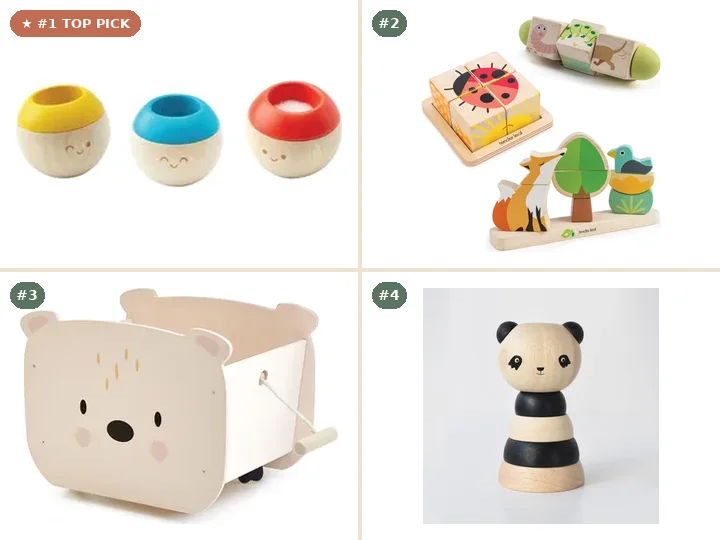 PlanToys Sensory Tumbling, Tender Leaf Toys Infant Blocks Collection, Tender Leaf Toys Pull Along Bear Cart, Wee Gallery Wood Stacker - Panda