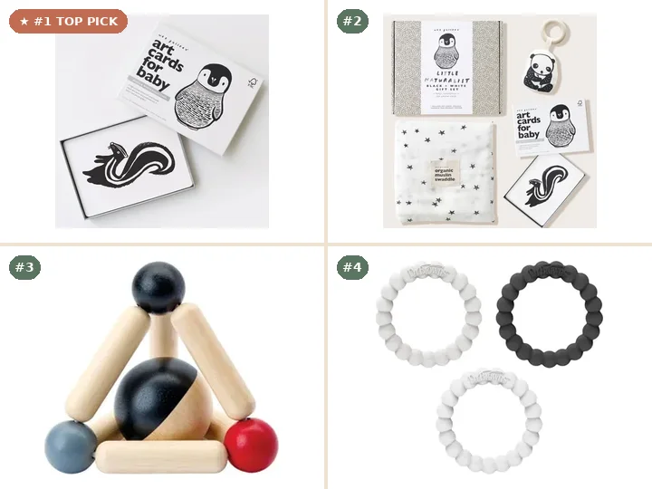 Wee Gallery Black & White Art Cards for Baby, Wee Gallery Black & White Newborn Sensory Set, PlanToys High-Contrast Triangle Clutching Toy, Dr. Brown's High-Contrast Flexees Sensory Rings