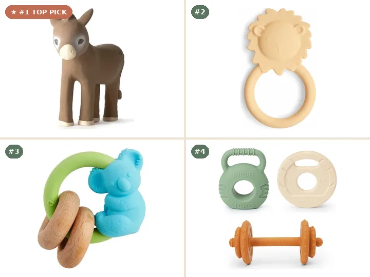 Oli & Carol 100% Hevea Natural Rubber Teether, Mushie Food-Grade Silicone Animal Ring Teether, Munchkin WildLove Natural Wood & Silicone Teether, Haakaa Little Lifters Platinum Silicone Teether