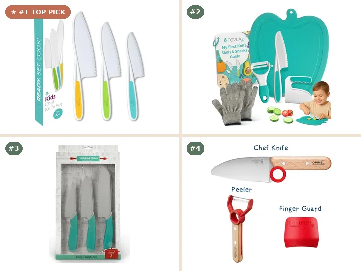Tovla Jr. Kid-Safe Knife Set (Ages 4+), Tovla Jr. Toddler Knife Set with Peeler & Gloves, Handstand Kitchen Chef's Knife Set, Opinel Le Petit Chef 3-Piece Set