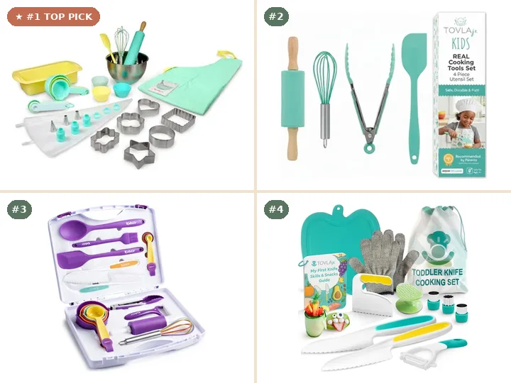 Handstand Kitchen Classic Kids Baking Set, Tovla Jr. Kids Cooking Utensils Set, Kidstir Deluxe Kids Cooking & Baking Set, Tovla Jr. 18-Piece Kids Cooking Tool Set