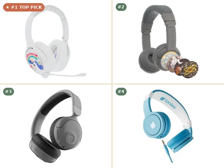 BuddyPhones Cosmos+ Kids Headphones, BuddyPhones Play Wireless Kids Headphones, JLab JBuddies Pop Kids Headphones, Tonies Kids Headphones