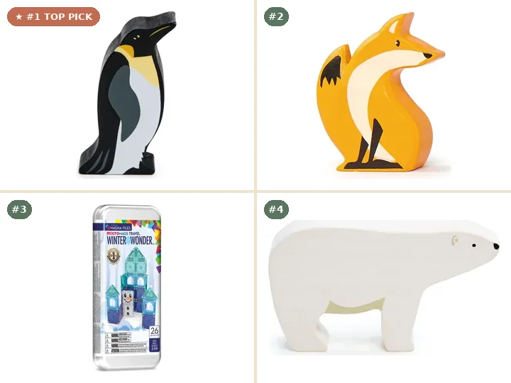 Tender Leaf Toys Polar Animal - King Penguin, Tender Leaf Toys Woodland Animal - Fox, Magna-Tiles microMAGS Winter Wonder Travel Set, Tender Leaf Toys Polar Bear