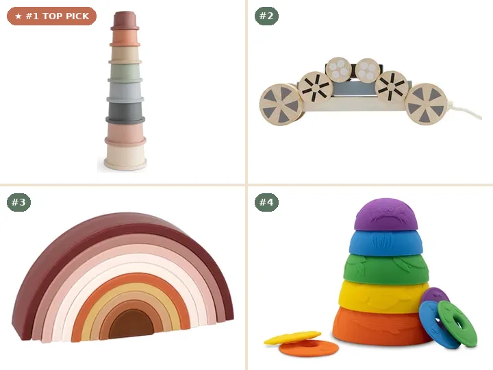 Mushie Stacking Cups Toy, PlanToys Stacking Wheels, Haakaa Silicone Arch Stacker Set, Jellystone Designs Ocean Stacking Cups