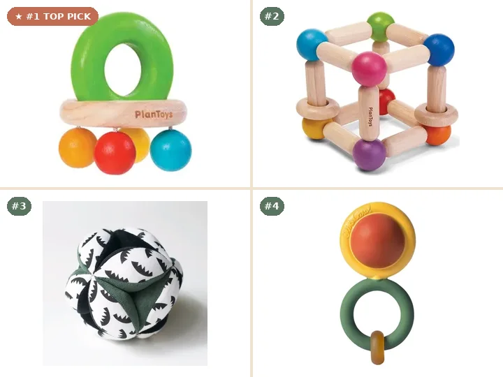 PlanToys Solid Wood Montessori Bell Roller Rattle, PlanToys Organic Rubberwood Square Clutching Toy, Wee Gallery Organic Cotton Montessori Clutch Ball, Oli & Carol Natural Rubber Evolutive Rattle