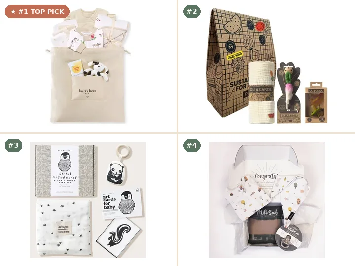 Burt's Bees Baby Sleep Time Organic Cotton Gift Set, Oli & Carol Cozy Radish Newborn Gift Set, Wee Gallery Newborn Baby Gift Set - Black + White, Milk Snob Sunny Acres Welcome Baby Gift Box