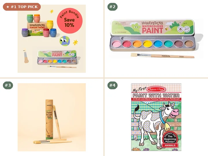 Honeysticks Non-Toxic Finger Paint & Watercolor Set, Honeysticks Natural Food-Grade Watercolor Paint Palette, Honeysticks Wooden Chubby Toddler Paint Brush Set, Melissa & Doug My First Paint with Water Pad