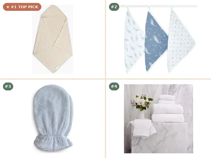 Colored Organics Organic Cotton Hooded Towel, HALO Organic Cotton Muslin Washcloths 3 Pack, Mushie Organic Cotton Bath Mitt, Naturepedic Organic Cotton Terry Bath Towel Set