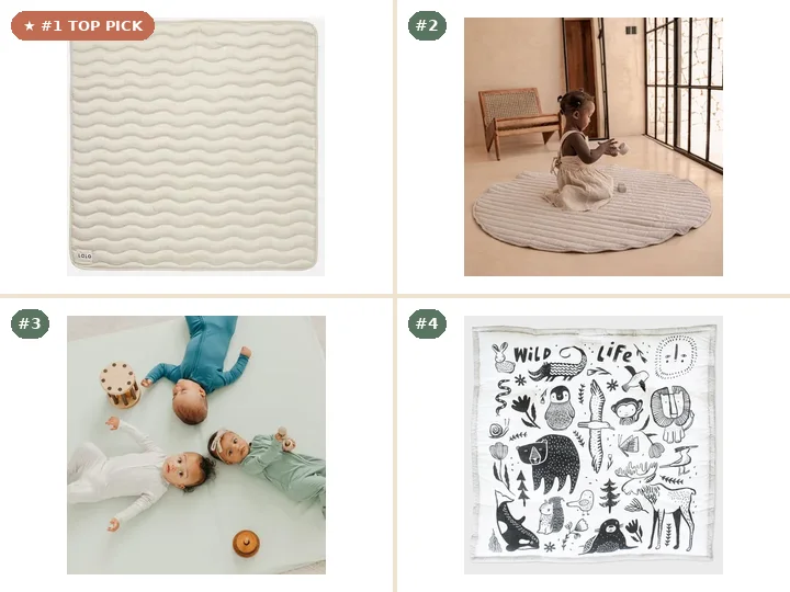 Lalo Quilted Play Mat, Toddlekind Organic Cotton Snuggle Playmat, Copper Pearl Play Mat, Wee Gallery Wildlife Reversible Playmat
