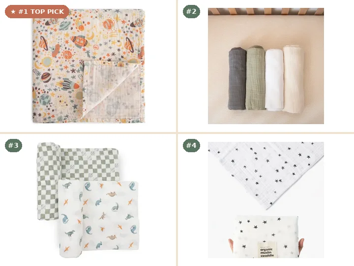 Mushie Organic Cotton Muslin Swaddle Blanket, Naturepedic Breathable Organic Cotton Muslin Swaddle Blankets, Little Unicorn Organic Cotton Muslin Swaddle Blanket, Wee Gallery Organic Muslin Swaddle