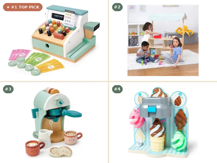 Tender Leaf Toys General Stores Till, Avenlur Holly Wooden Market Stand, Tender Leaf Toys Babyccino Maker, Melissa & Doug Swirl and Serve Ice Cream Play Set