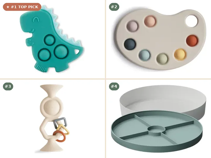 Itzy Ritzy Itzy Pop Silicone Sensory Popper, Mushie Silicone Paint Palette Press Fidget Toy, Mushie HexaPop Silicone Suction Sensory Toy, Jellystone Designs Silicone Tray Play Sensory Fidget