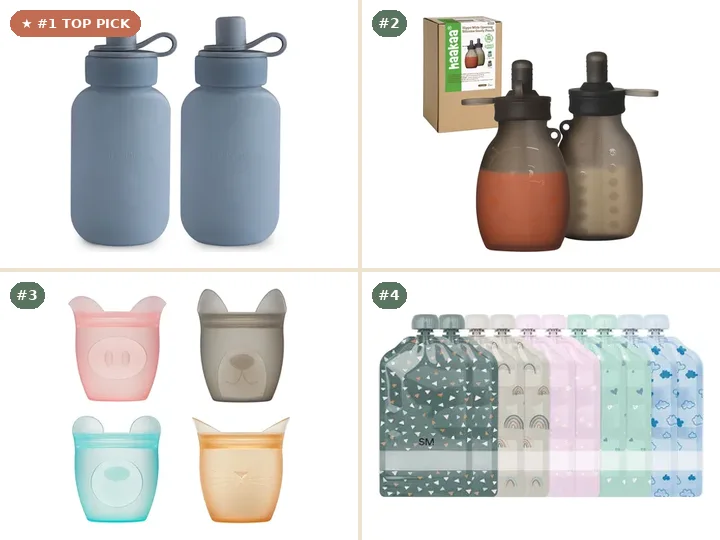 Mushie Food-Grade Silicone Reusable Puree Squeeze Pouch, Haakaa Wide-Opening Platinum Silicone Reusable Food Pouch, Zip Top 100% Platinum Silicone Stand-Up Baby & Kid Snack Containers, Simple Modern Joey Reusable BPA-Free Puree Pouches