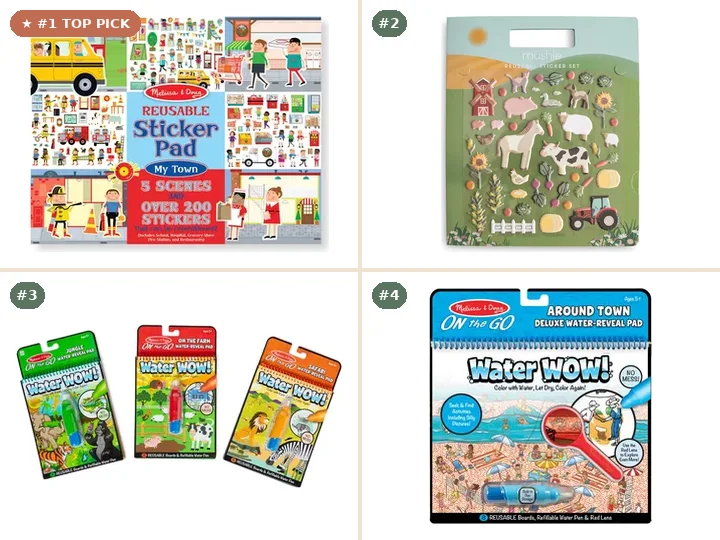 Melissa & Doug Reusable Sticker Pad - My Town, Mushie Reusable Sticker Set, Melissa & Doug Water Wow! 3-Pack (Jungle, Safari, Farm), Melissa & Doug Water Wow! Around Town Deluxe