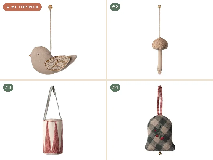 Maileg Fabric Ornament, Bird, Maileg Fabric Ornament, Mushroom, Maileg Fabric Ornament, Drum, Maileg Fabric Ornament, Bell