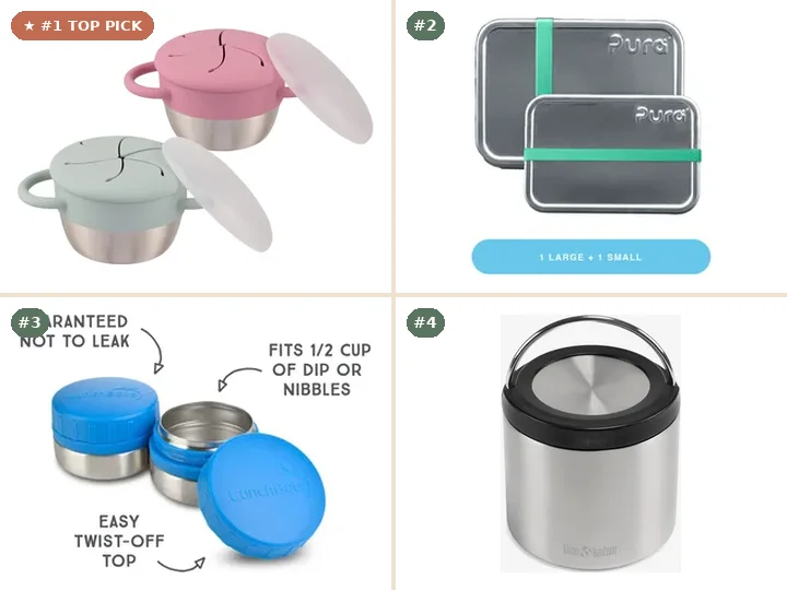 Elk and Friends 304 Stainless Steel Food & Snack Cups with Silicone Lids, Pura Stainless 100% Plastic-Free Certified Food Containers, LunchBots 18/8 Stainless Steel Leakproof 4oz Rounds, Klean Kanteen TKCanister Stainless Steel Food Container