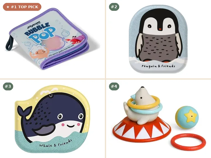Jellystone Designs Baby Bath Book, Wee Gallery Penguin and Friends Bath Book, Wee Gallery Whale and Friends Bath Book, Itzy Ritzy Itzy Ring Toss Floating Toy
