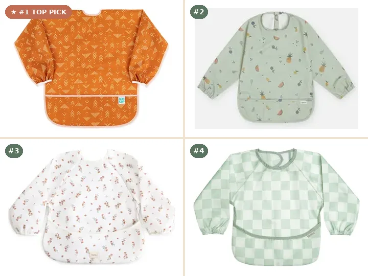 Bumkins Waterproof Long-Sleeved Toddler Art Smock, Lalo Full-Coverage Waterproof Toddler Smock Bib, Mushie Phthalate-Free Long Sleeve Art & Craft Smock, Haakaa Waterproof Long-Sleeved Artist Smock Bib