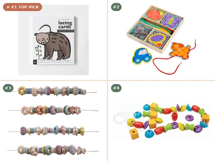 Wee Gallery Woodland Animals Thick Board Lacing Cards, Melissa & Doug Wooden Alphabet Lacing Cards, Mushie Montessori Bead Lacing & Threading Set, PlanToys Solid Rubberwood Lacing Beads