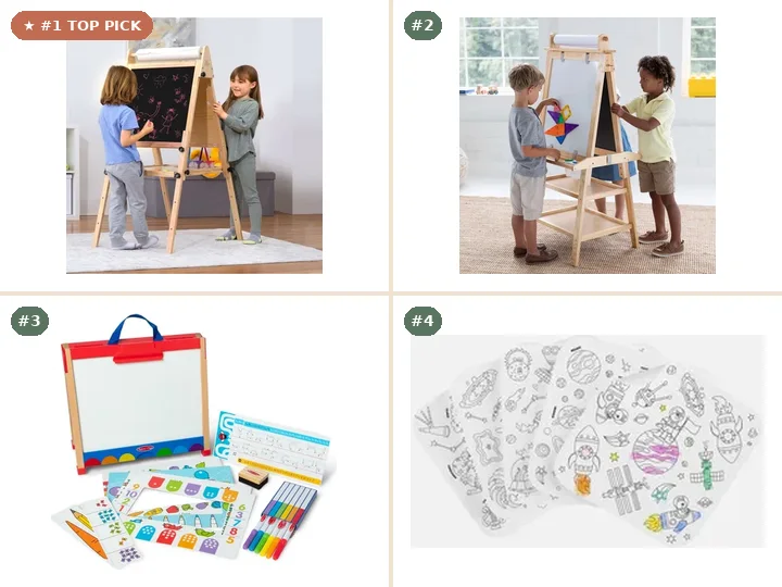 Avenlur Foldable Wooden Kids Art Easel with Paper Roll, Little Partners GREENGUARD Gold Deluxe Art Center Easel, Melissa & Doug Wooden Double-Sided Tabletop Easel, Lalo Giant Non-Toxic Floor & Easel Coloring Roll