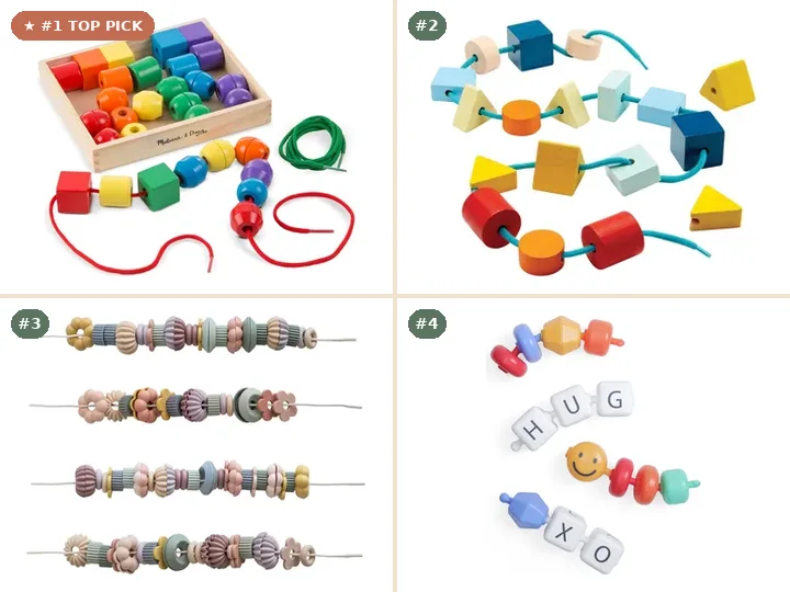 Melissa & Doug Primary Wooden Lacing Beads Set, PlanToys Geo Wooden Lacing Beads, Mushie Pastel Fine-Motor Bead Threading Kit, Itzy Ritzy Connect & Play Snap Pop Beads