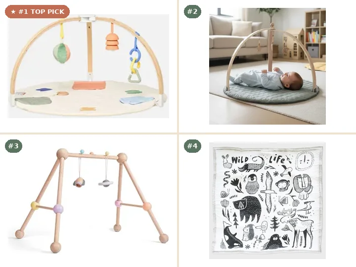 Lalo The Play Gym FSC Beechwood Montessori Arch, Avenlur Sapling Montessori Wooden Baby Play Gym, PlanToys Sustainable Rubberwood 4-Leg Play Gym, Wee Gallery Organic Quilted Tummy Time Playmat