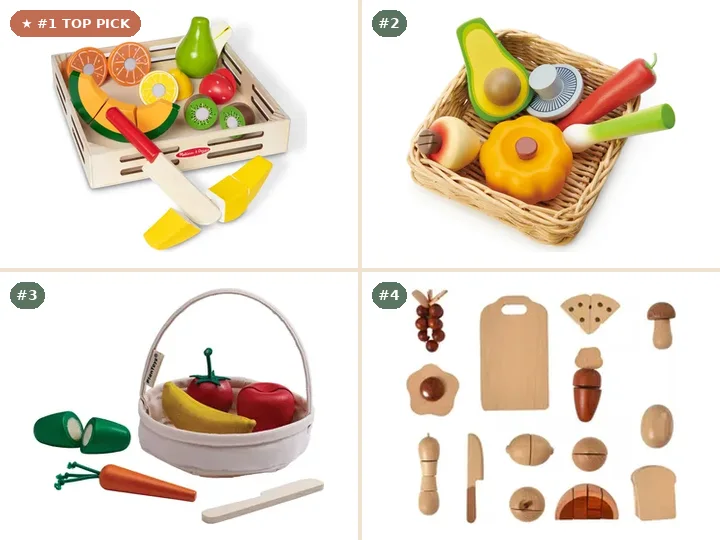 Melissa & Doug Wooden Cutting Fruit Play Food, Tender Leaf Toys Veggie Basket, PlanToys Farmers Market Mix Basket, Avenlur Wooden Play Food Cutting Set