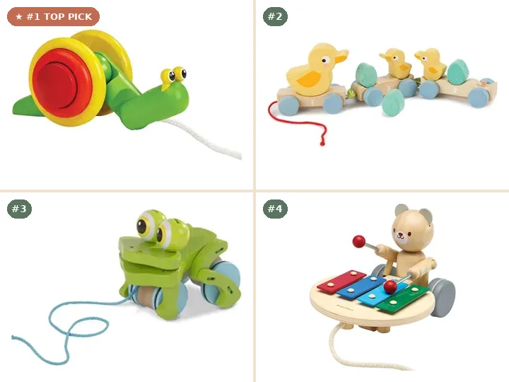 PlanToys Pull Along Snail, Tender Leaf Toys Pull Along Ducks, Melissa & Doug First Play Frolicking Frog Pull Toy, PlanToys Pull Along Musical Bear
