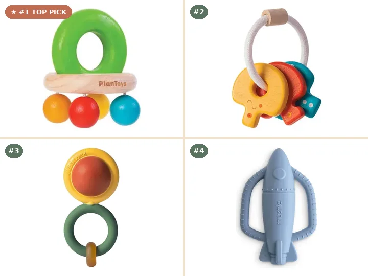 PlanToys Wooden Bell Rattle, PlanToys Baby Key Rattle, Oli & Carol Evolutive Rattle Toy, Mushie Rattle Teethers