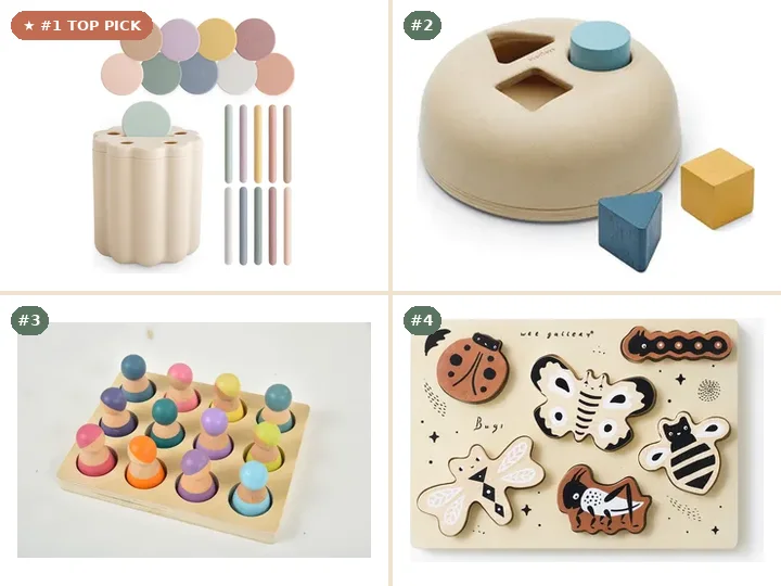 Mushie Montessori Coin & Tube Fine-Motor Sorting Set, PlanToys Solid Wood Geometric Peg Sorting Board, Avenlur Wooden Rainbow Peg Dolls & Sorting Board, Wee Gallery FSC Wooden Bugs Tray Puzzle