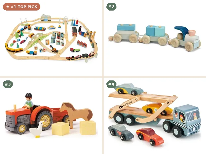 Tender Leaf Toys Mountain View Train Set, PlanToys Stacking Train Trio - Orchard, Tender Leaf Toys Farmyard Tractor, Tender Leaf Toys Car Transporter